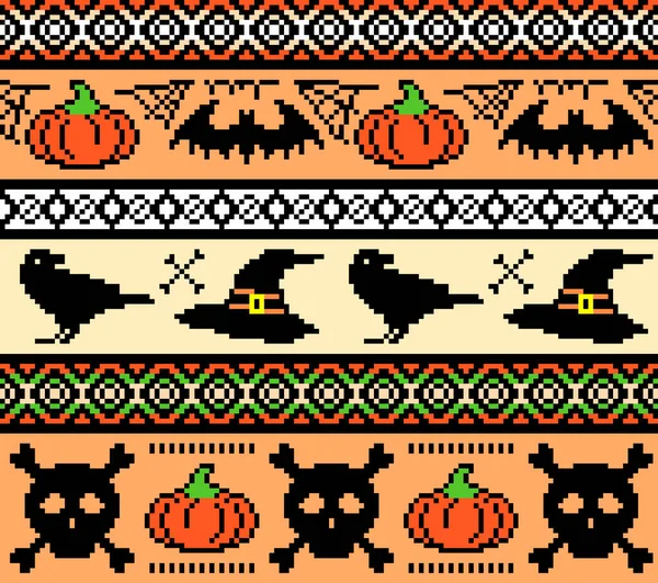 Halloween, pixel art. motif sans couture avec des chapeaux de chauve-souris et des crânes, fond répétitif pour la broderie et le tricot, motif de tricot sans couture — Photo
