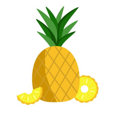 Beyaz arka planda izole edilmiş yaprakları ve dilimleri olan sulu sarı ananasın vektör çizimi. Sağlıklı yaşam tarzı tasarım ögesi.