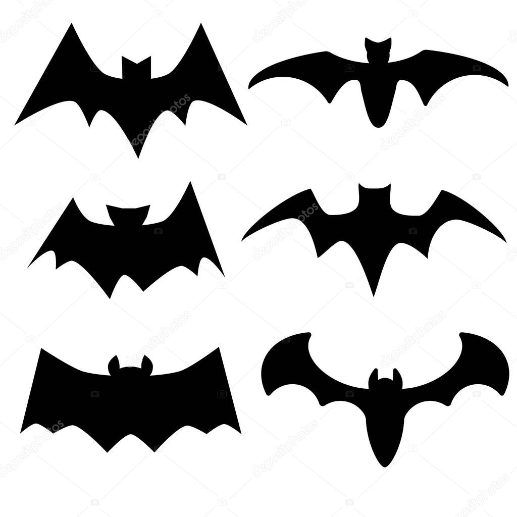 Bats vector set in a flat style isolated on white background. Halloween collection dark silhouettes.