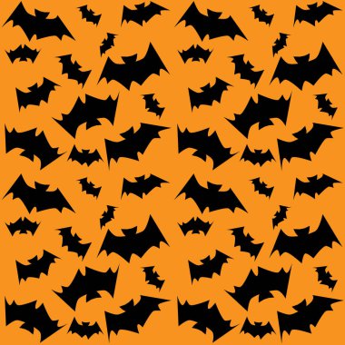 Cadılar bayramı için turuncu arka planda siyah siluet yarasaları olan kusursuz desenler. Paketleme tasarım ögesi.