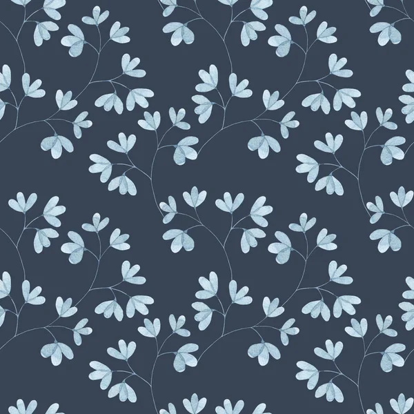 Watercolor seamless pattern with blue leaf twigs, small leaves on a blue background. Botanical illustration for fabrics, dresses, interiors