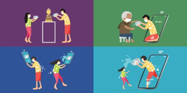 SONGKRAN, Tayland Su Festivali, salgın döneminde, insanlar maske takmalı ve fiziksel mesafeyi korumalı, Buda 'nın görüntüsüne su serperler ve yaşlılar, akıllı telefon ile sanal su sıçratırlar.