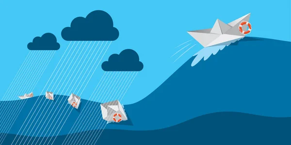 Origami gemisi yağmur, rüzgar ve dalgadan geçiyor. Zor zamanlarda hayatta kalmak, iş dayanıklılığı veya yaşam direnci kavramı