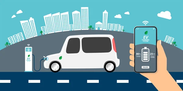 Pure white electric mini van and charging station by street with city view in background, hand holding smartphone with EV charging system app that shows charging process, smart technology concept — Stock Illustration Pure White Electric Mini Van Charging Station Street City View Royalty Free Stock Vectors
