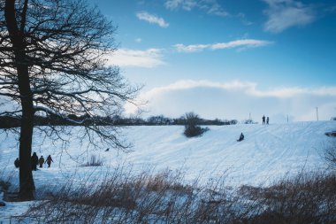 Throckley UK: 10 Şubat 2021: İnsanlar yoğun kar yağışı sonrasında Batı Newcastle 'da Throckley Dene' de (ağaçlık alanlar) kızak kayıyor