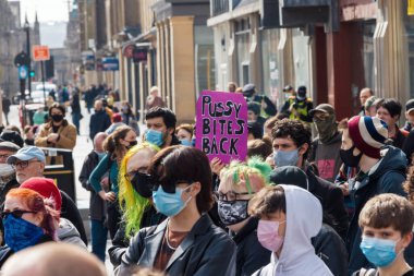 Newcastle on Tyne UK: 3 Nisan 2021: Kill the Bill protestosu Newcastle, Kuzey İngiltere 'de protesto hakkı için. Sosyal mesafeli barışçıl gösteri