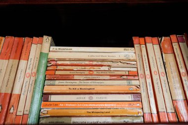 Northumberland UK: 19 Temmuz 2025: Bir kütüphane rafı, farklı yazarların ünlü turuncu dikenli eserlerinin yer aldığı çeşitli bir Penguen Kitabı koleksiyonuna sahiptir