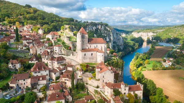 Widok Lotu Ptaka Saint Cirq Lapopie Town Francja — Zdjęcie stockowe