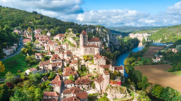 Vista Aérea Ciudad Santa Cirq Lapopie Francia — Foto de Stock