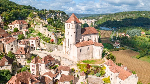 Widok Lotu Ptaka Saint Cirq Lapopie Town Francja — Zdjęcie stockowe