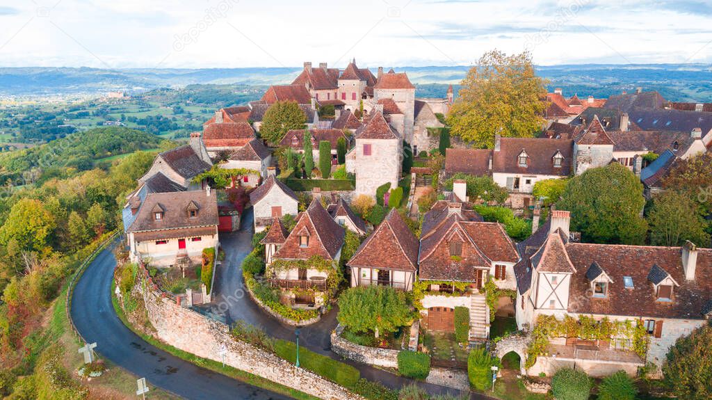 aerial view of medieval town in dordogne, France