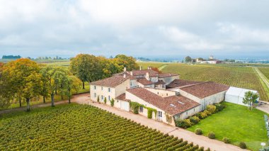 Bordeaux, Fransa 'daki kırsal şaraphanenin havadan görünüşü