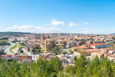 Arka planda ünlü şaraphanesi olan Elciego şehrinin panoramik manzarası