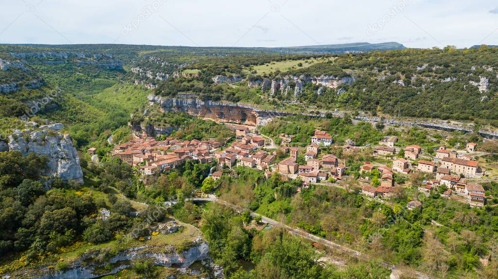 aerial view of orbaneja del castillo medieval town in Burgos province, spain