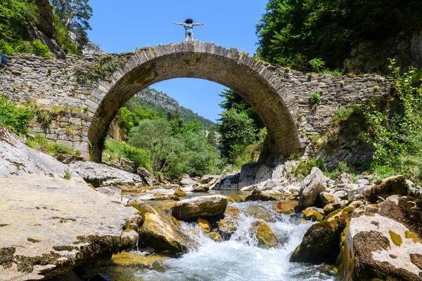 Utsikt Över Gamla Romerska Bron Ruiner Korsas Flod Pyrenéerna Spanien — Stockfoto