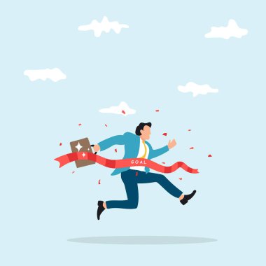 Bitiş çizgisinde ilk kazanan olarak hedefe ulaşan neşeli, akıllı işadamı. İş dünyasının kazananı hedefe ulaşır, başarı kutlamaları, kariyer yolu ya da proje konseptini bitirmek için zafer..