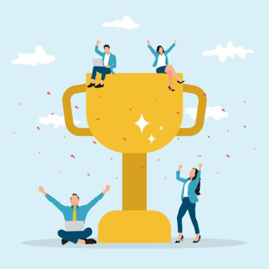 Takım başarısı tanınması, iş hayatına ulaşmak için takım çalışması ödülü, iş arkadaşlarının görev konseptini tamamlama zaferi, başarı iş adamları ve kadın takımının kupa kazanma başarısı..