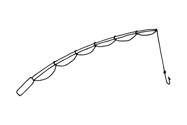 Düzenlenebilir bir olta kamışı çizilmiş bir el resmi. Kamp ve yürüyüş, aktivite çizimi. İzole olta kamışı.