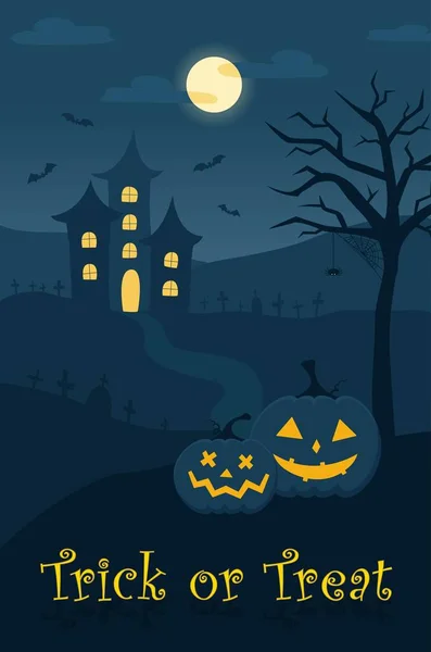 Feliz fundo de Halloween com abóboras esculpidas rosto, morcegos, aranha, sepulturas, e assustador casa velha. Copiar banner espaço . — Vetor de Stock