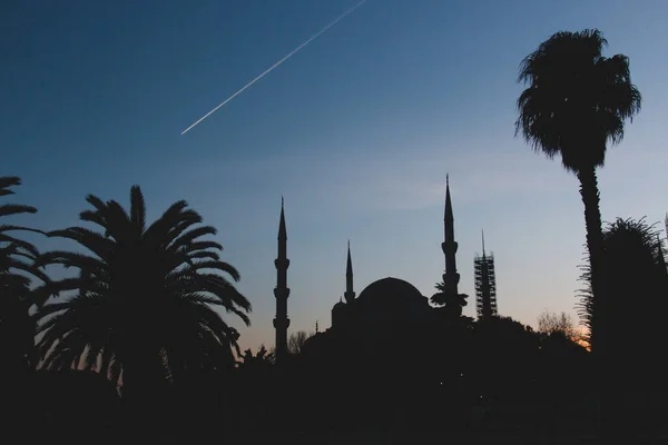 Mosquée Bleue Silhouette Coucher Soleil Avion — Photo