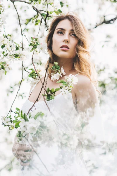 Retrato de bela senhora romântica em flores de árvores de maçã — Fotografia de Stock