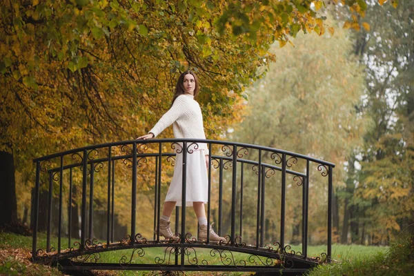 Ung kvinna i vit mysig tröja på bron på naturparken i höst dag. — Stockfoto