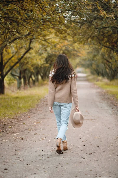 Vista posteriore della donna che cammina nel parco autunnale. — Foto Stock