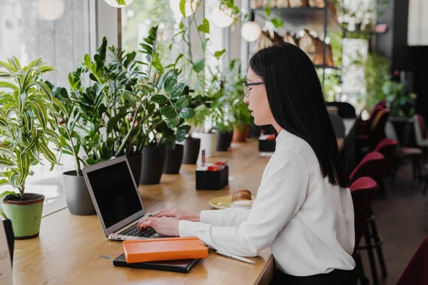 Geschäftsfrau sitzt im Café und benutzt Laptop. — Stockfoto