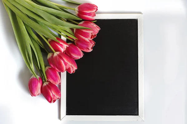 Tulips with chalkboard — Stock Photo, Image