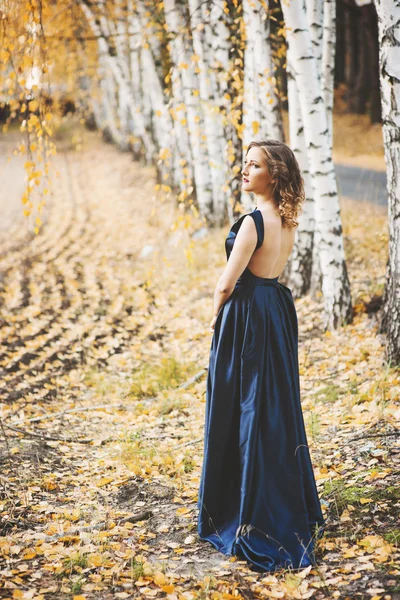 Damen i en blå klänning i skogen — Stockfoto