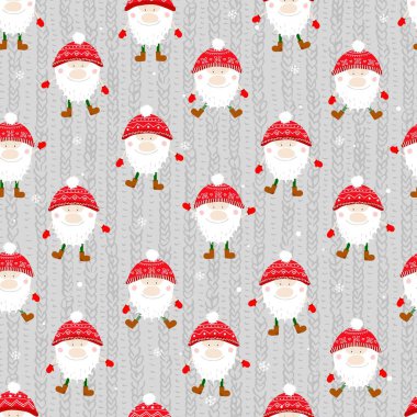 Şirin cücelerle kusursuz vektör deseni. Noel için ambalaj kağıdı, tekstil, kumaş ve tasarım fikri.