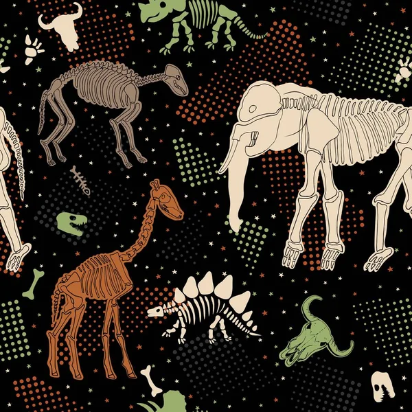 Çeşitli Tarih Öncesi Hayvanların Kemikleri Hatları Skeletlerle Kusursuz Desen Kumaş — Stok Vektör