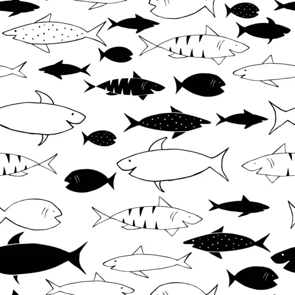 鲨鱼和鱼的单色有趣的指纹 织物和包装纸印刷 — 图库矢量图片