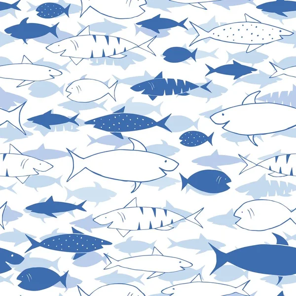 有鲨鱼和鱼的蓝色有趣的指纹 织物和包装纸印刷 — 图库矢量图片