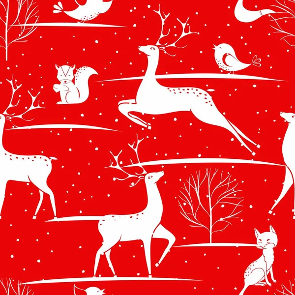 シームレスなクリスマスパターン キツネ 雪の結晶とリス 赤いハッピーニューイヤーの背景 ファブリックとキッチン用テキストのベクトルデザイン — ストックベクタ