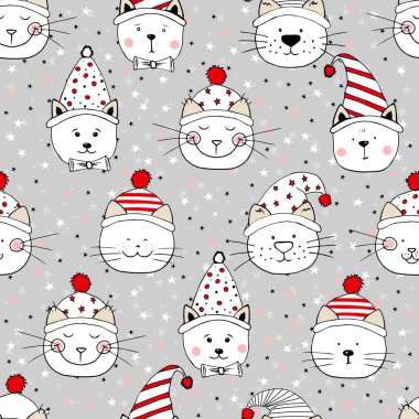 Kusursuz başsız, arka planda şapkaları olan güzel kedicikler. Mutlu Noeller için bir örnek. Kumaş, ambalaj kağıdı ve çocuk aksesuarları için yazdır.