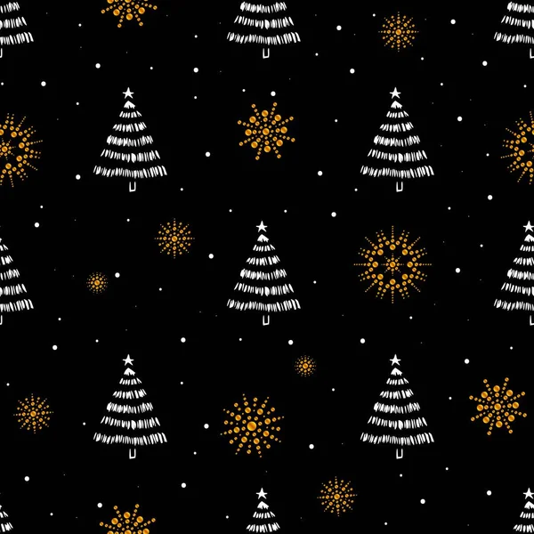 Padrão Sem Costura Com Árvores Natal Flocos Neve Ouro Impressão —  Vetores de Stock