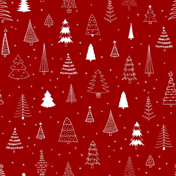 赤い背景に異なるクリスマスツリーとシームレスなパターン ファブリック 電話ケース 包装紙に使用できます — ストックベクタ