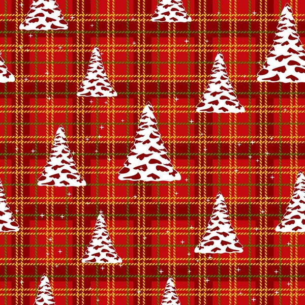 Bezešvé Vánoční Vzor Stromy Hvězdami Červeném Pozadí Buněk Vektorový Design — Stockový vektor