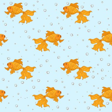 Kırmızı balıklı pürüzsüz desen ve mavi arka planda baloncuk.