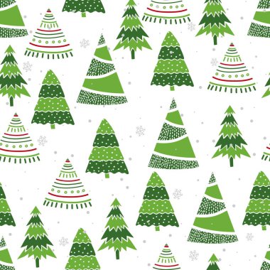 Farklı Noel ağaçları ve karla çizilmiş kusursuz bir desen. Kumaş, telefon kılıfı ve ambalaj kağıdı olarak kullanılabilir. ustration