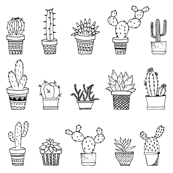Cacti Succulente Scarabocchi Illustrazione Home Piante Vasi Tazze — Vettoriale Stock