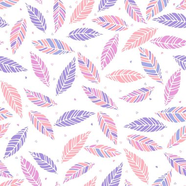 Pembe ve leylak renginin vektör çizimi kusursuz bir desen oluşturuyor. El yapımı yaprak ve kalp dokusu. Element tasarımı.