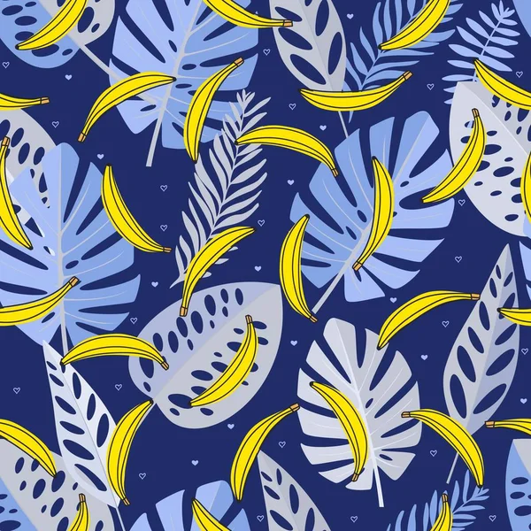 Nahtloses Muster Mit Blauen Blättern Bananen Und Herz Handgezeichnet Vektor — Stockvektor