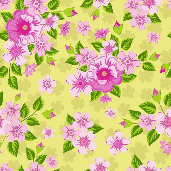 Pink Flowers Yellow Background Seamless Bright Print — Stock Vector