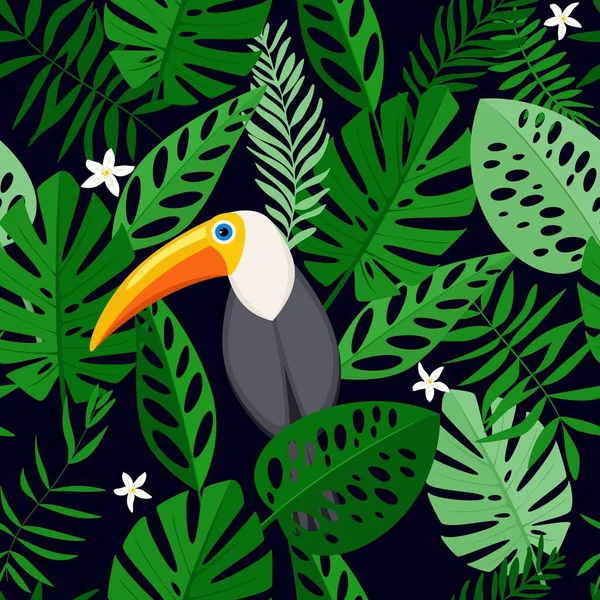 Bezešvé Vzory Tropickými Květinami Listy Toucan Pták Ručně Kreslené Vektorové — Stockový vektor