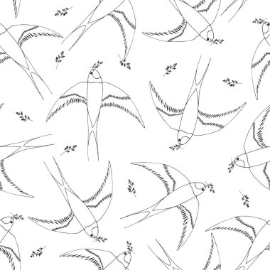 Uçan kırlangıçlar ve dallarla kusursuz desen. Çizgi film düz stili illüstrasyon.