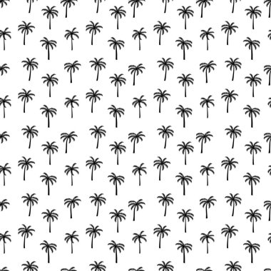 Beyaz arka planda siyah palmiye ağaçları. Vektör kusursuz desen. Tropik illüstrasyon. Orman yaprakları.