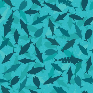 Köpek balıkları ve balıkların olduğu mavi bir iz. Kumaş ve ambalaj kağıdı için yazdır.
