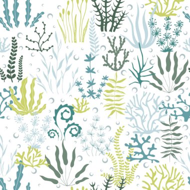 Deniz yosun ve baloncuktan arınmış. El yapımı yosun ve dikişsiz baloncuk koleksiyonu. Deniz illüstrasyonu. Kumaş, duvar kağıdı, ambalaj kağıdı, tekstil, yatak, tişört baskısı için ideal..